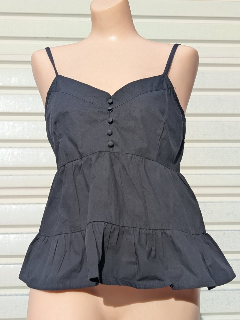 Y2K Derek Heart Babydoll Cami Womens L Black Cotton Peplum Coquette Milkmaid Top